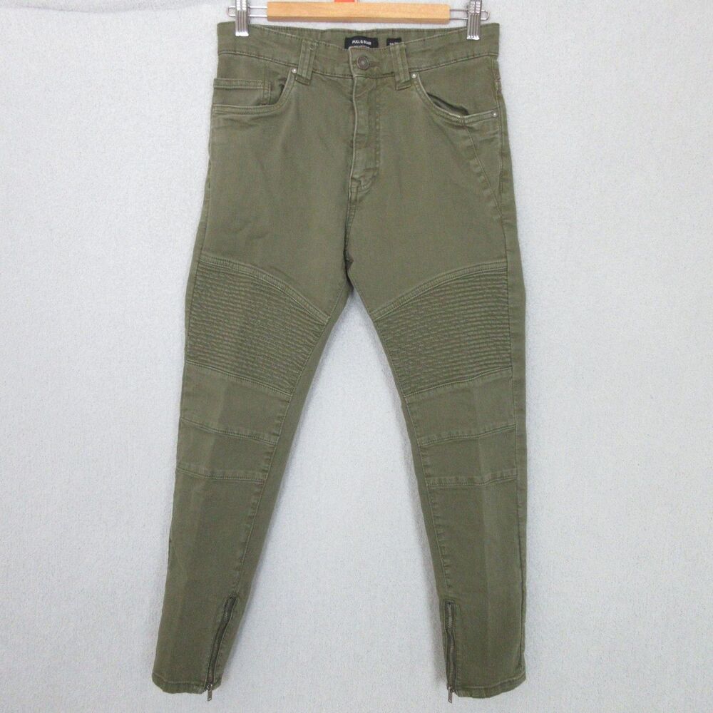 Pull & Bear Jeans Womens M (28x27) Olive Moto Ribbed Knee Ankle Zip Skinny